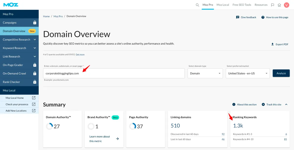 Moz pro domain overview Moz pro domain overview