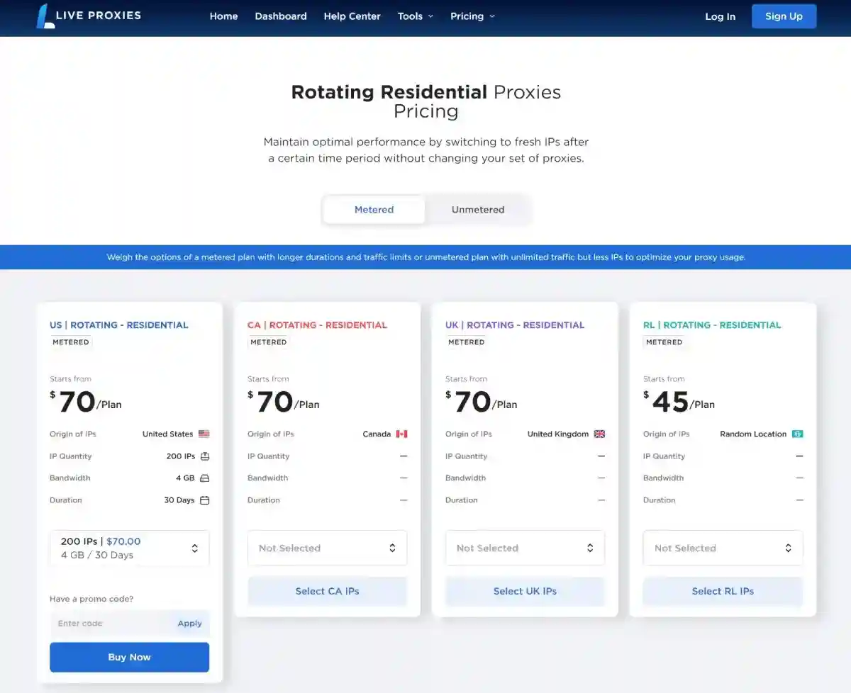 Liveproxies pricing plans — rotating residential proxy options by IP count, data tier, and duration