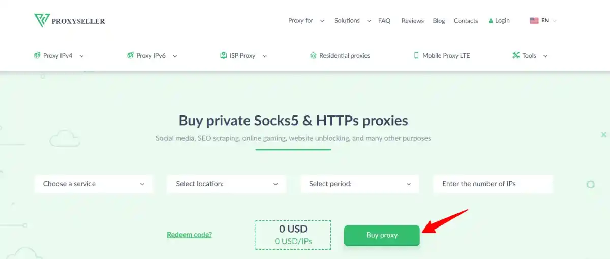 Proxy-Seller homepage dashboard showing datacenter, ISP, residential, and mobile proxy options