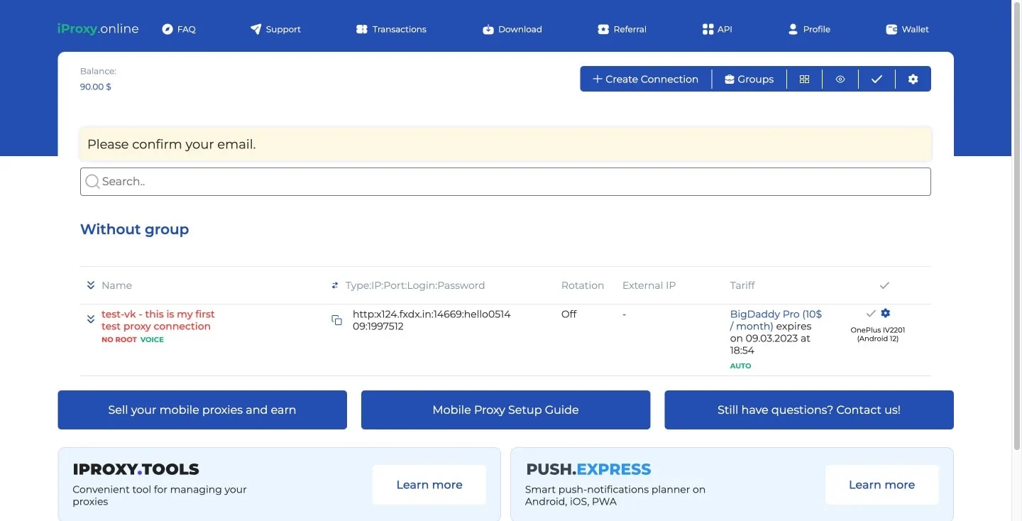 iProxy.online dashboard showing connected Android phone, external mobile IP address, and proxy status