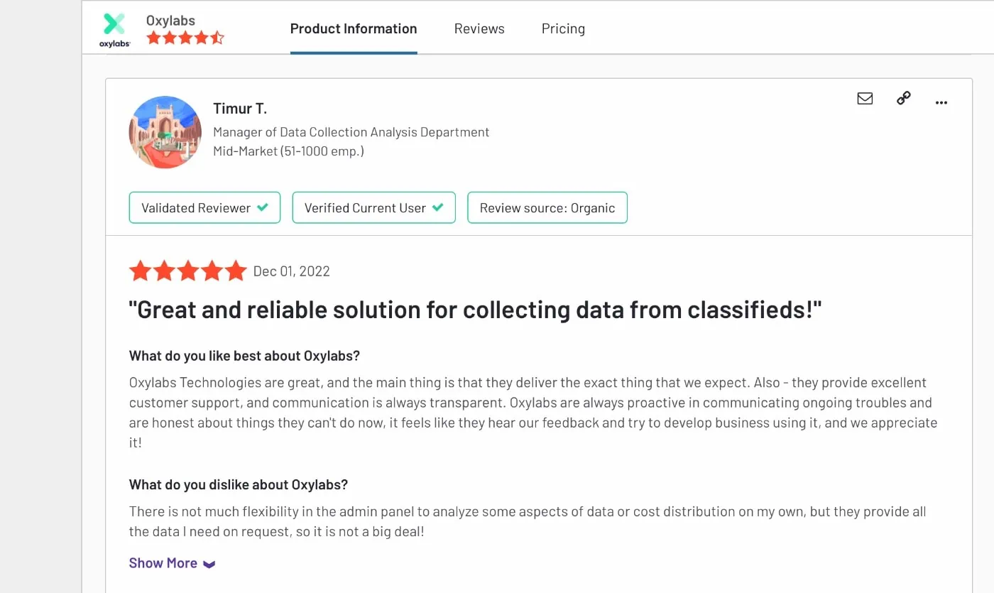 Oxylabs G2 user reviews — verified performance data for proxy speed test results and success rates
