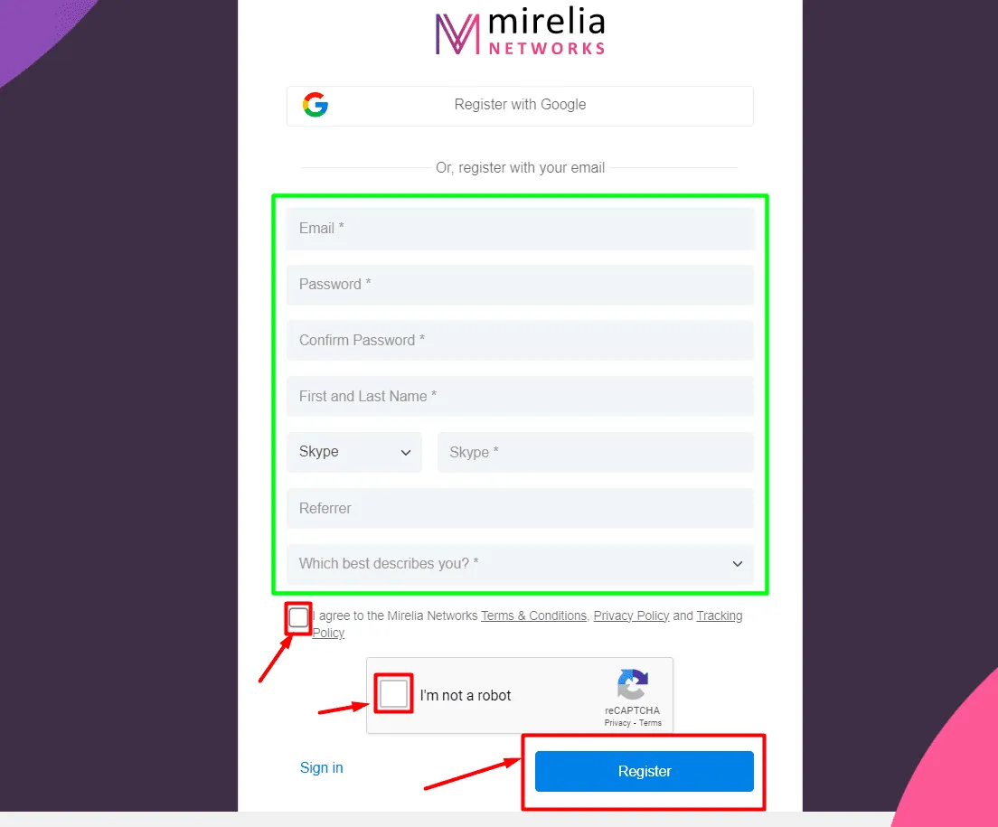 mirelia networks signup page