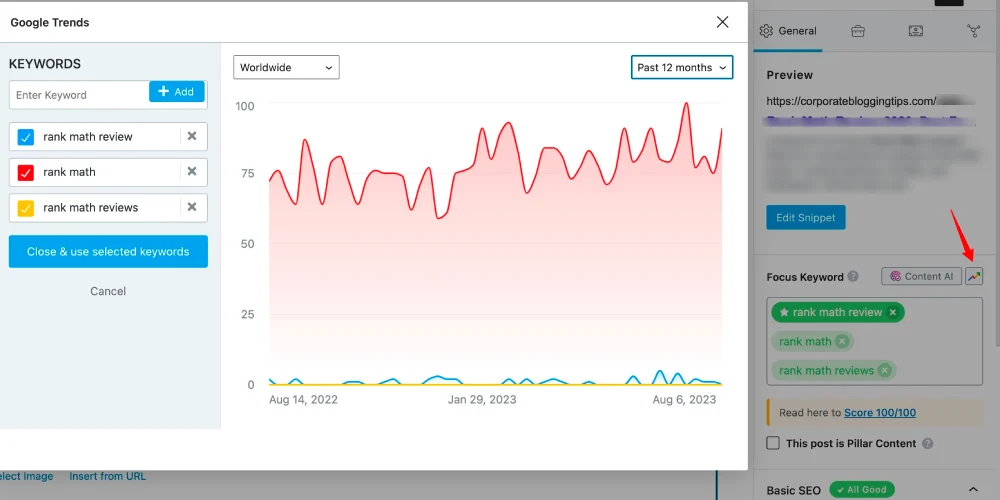 Rank Math Compare KW Google Trends