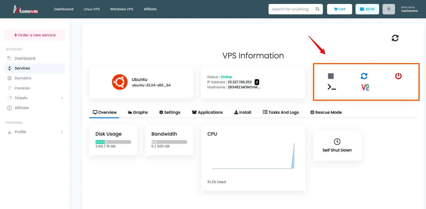 VPS Control Options in MonoVM Dashboard
