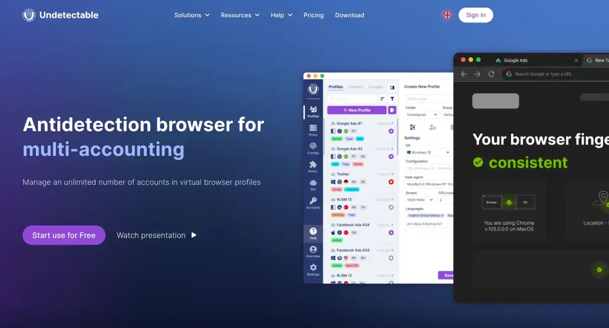 Undetectable.io anti-detect browser homepage — multi-accounting software dashboard