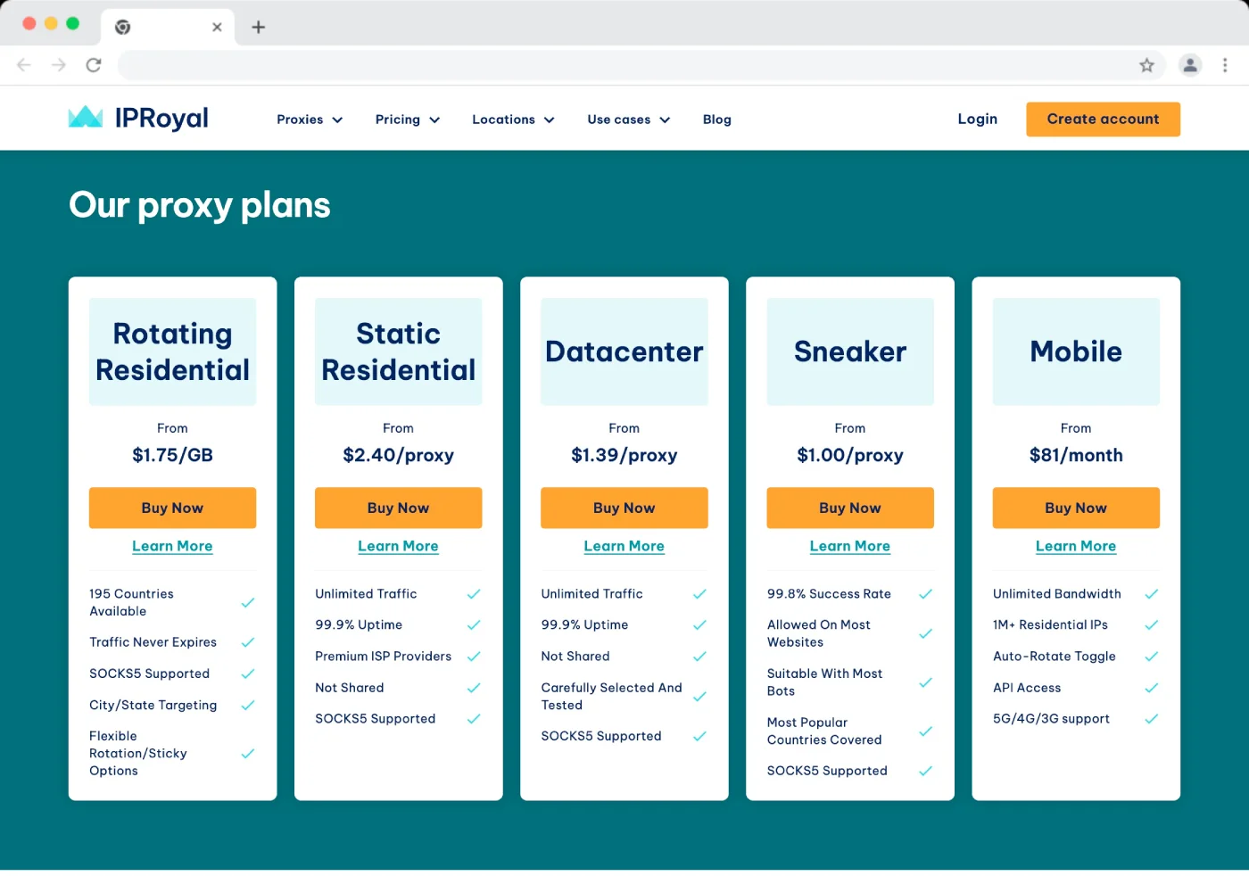 IPRoyal residential proxy pricing plans — per-GB rates for PAYG and subscription alongside ISP and datacenter proxy costs