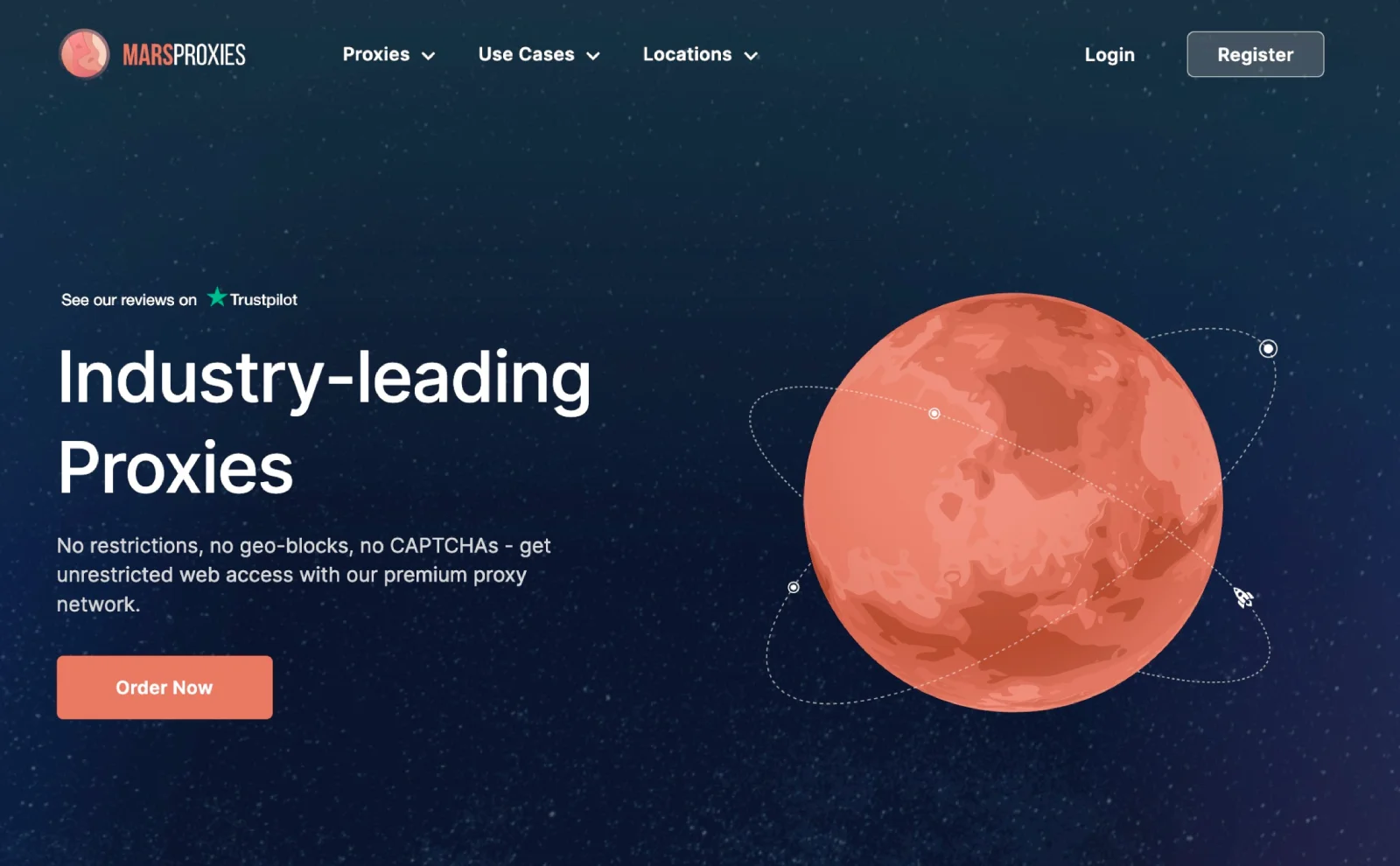 MarsProxies homepage — ultra residential proxy service with 195-country coverage