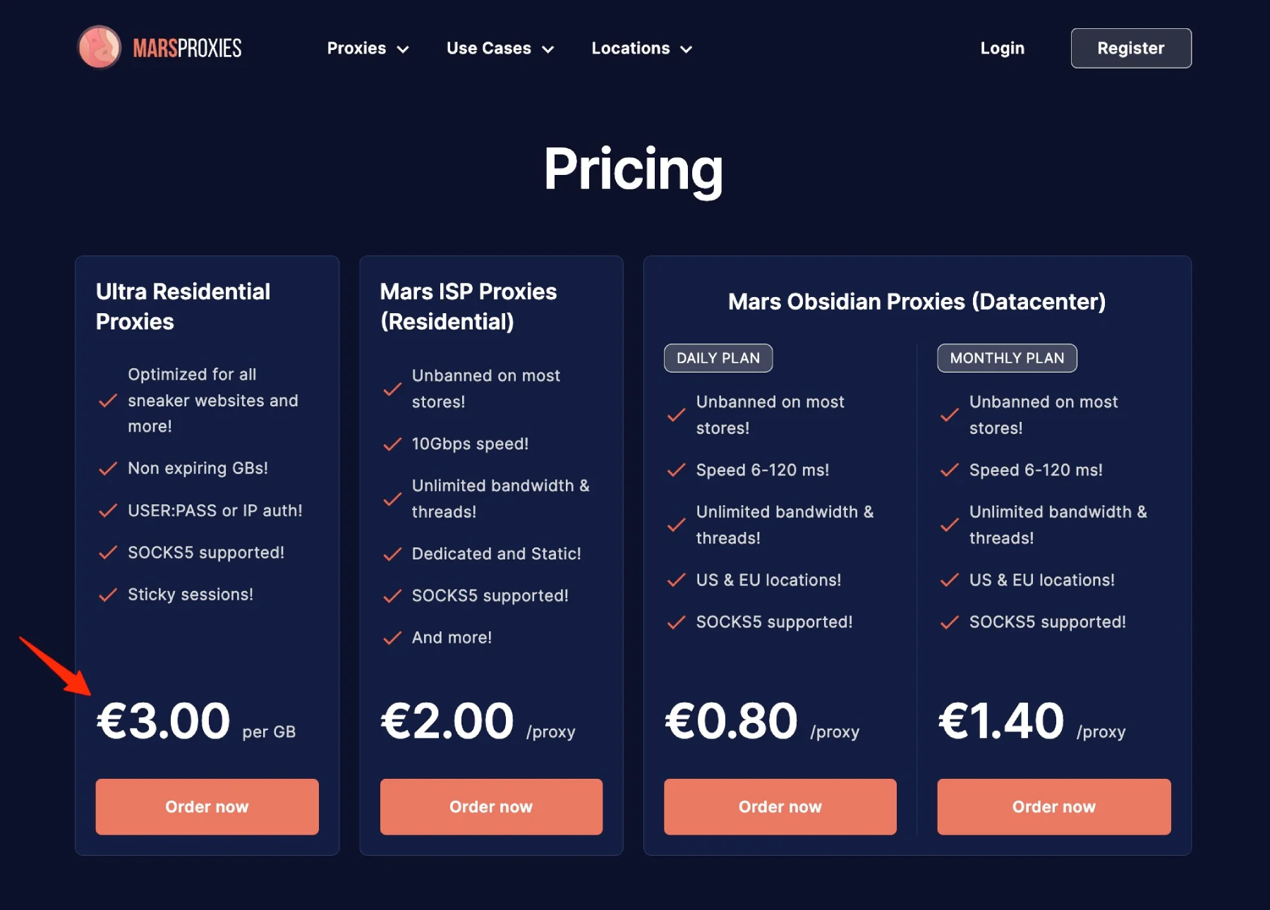 MarsProxies pricing plans — residential from $4.99/GB, ISP, datacenter, and mobile proxy costs