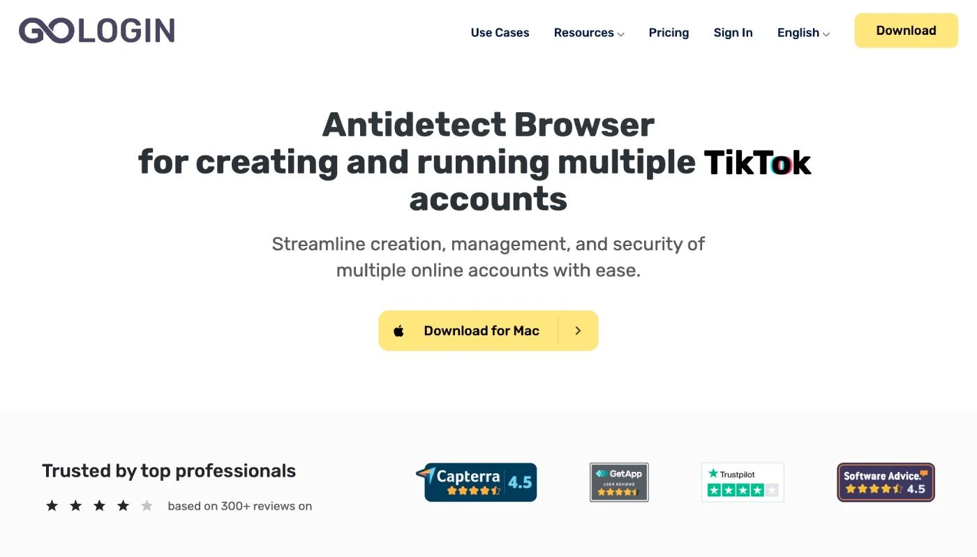 GoLogin antidetect browser homepage showing profile management dashboard