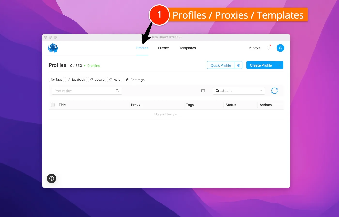 Octo Browser dashboard options for affiliate marketers and e-commerce multi-account management