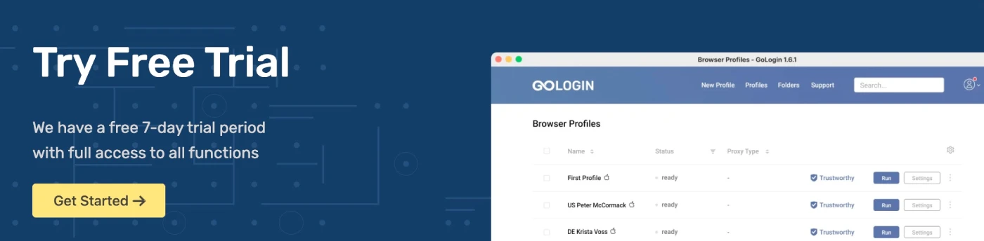 GoLogin free plan and free trial signup page — start with 3 profiles at no cost