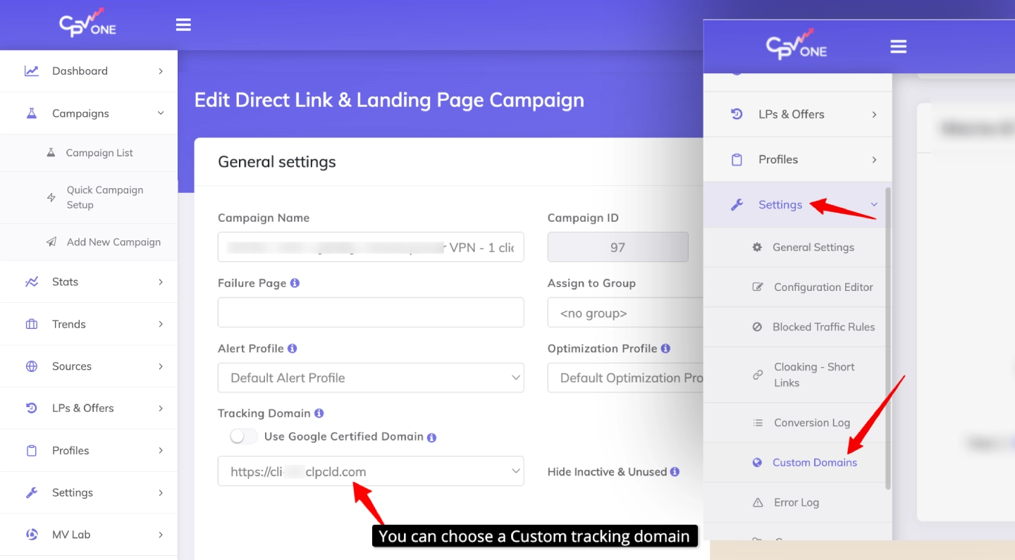 custom tracking domain in CPV Lab