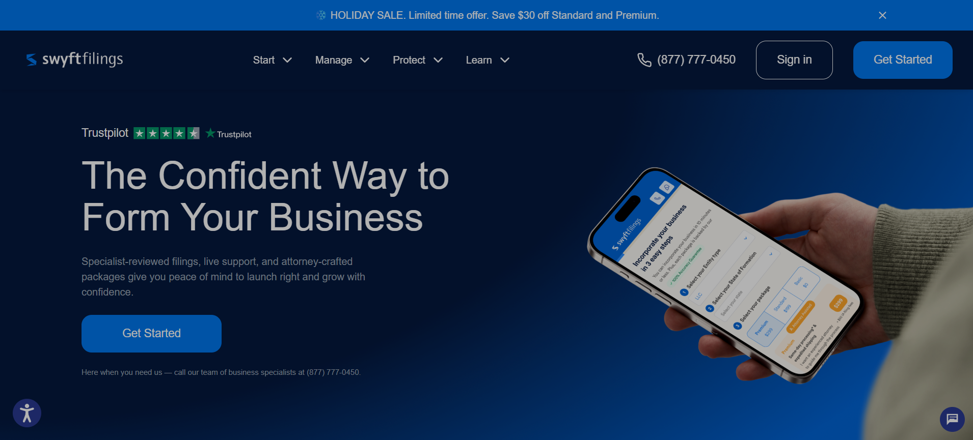 Swyft Filings homepage showing LLC formation services