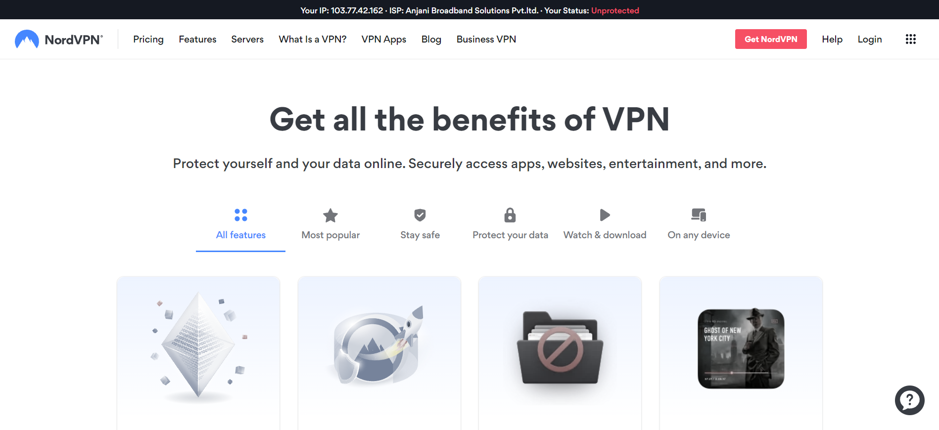 NordVPN features overview — ideal users and supported use cases including streaming, torrenting, and travel