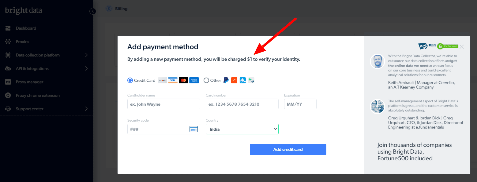 add payment method in bright data
