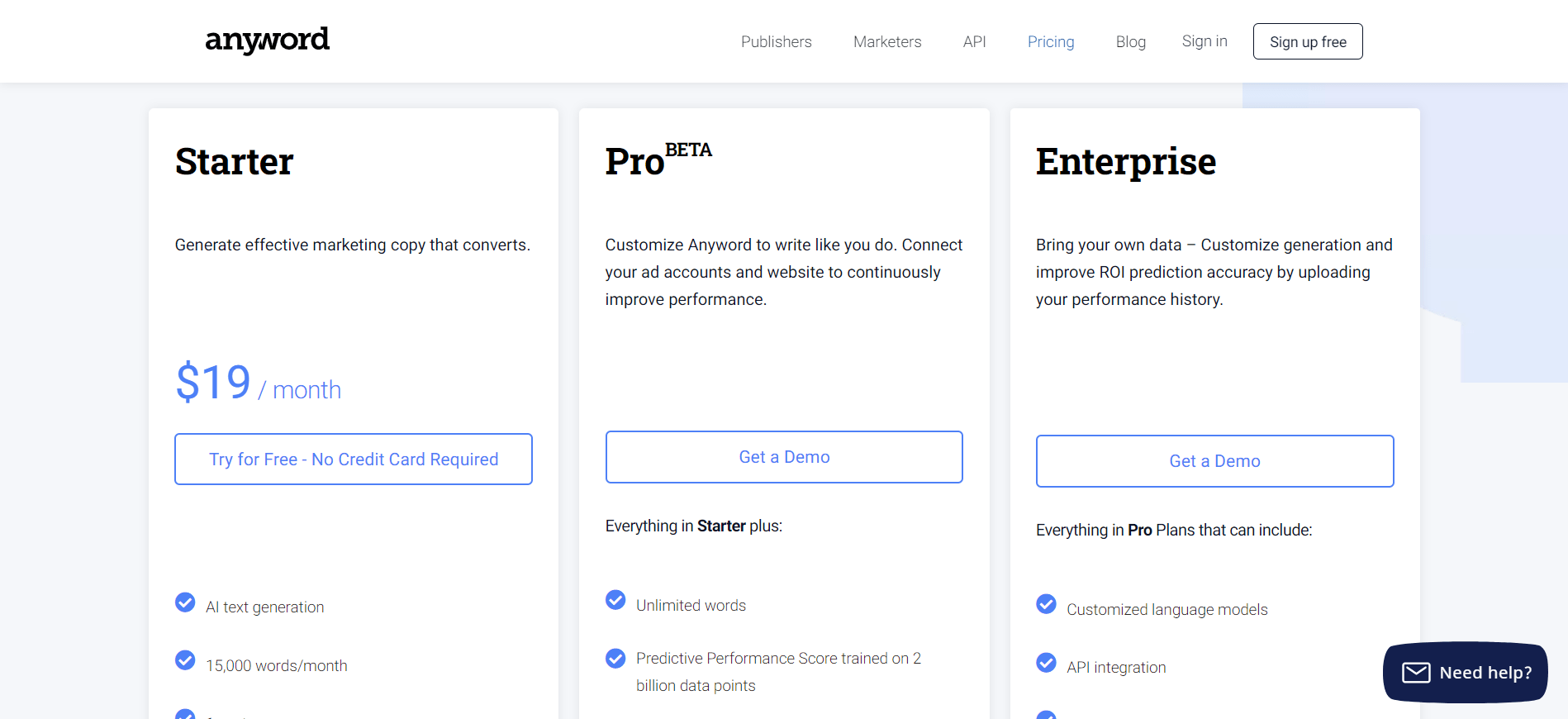 anyword pricing plans 