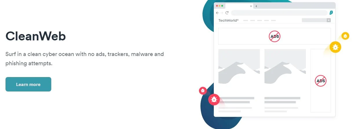 Surfshark CleanWeb feature blocking ads and trackers — available after you install Surfshark on Fire Stick and other devices