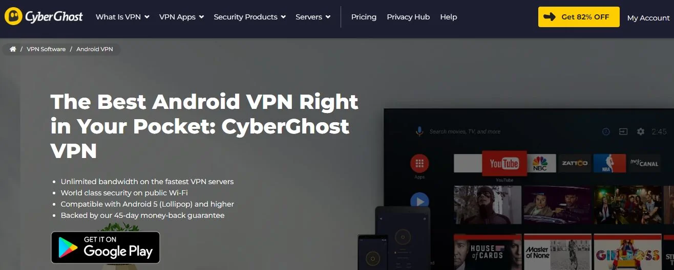 CyberGhost VPN app interface in 2026 showing server list with streaming-optimized servers for Netflix, BBC iPlayer, and more