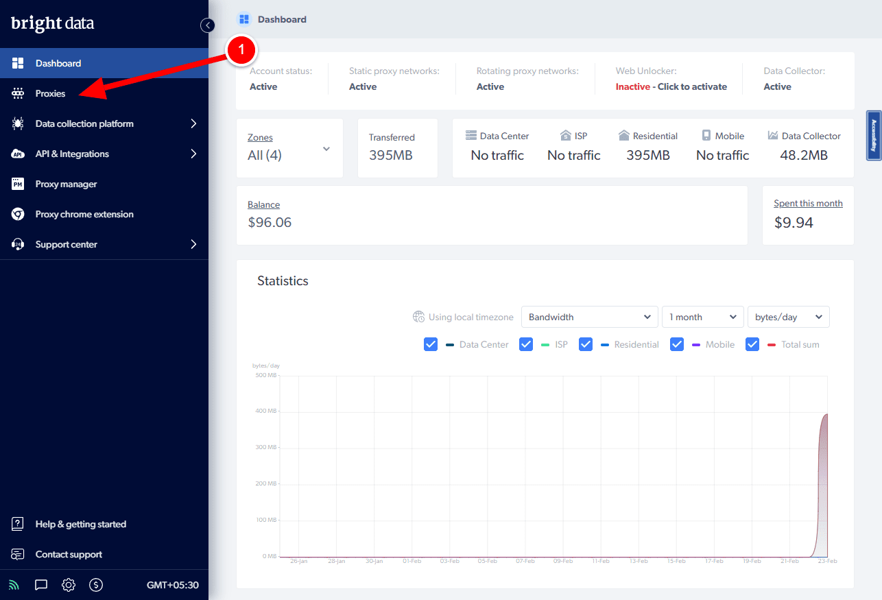 go to proxies in bright data dashboard