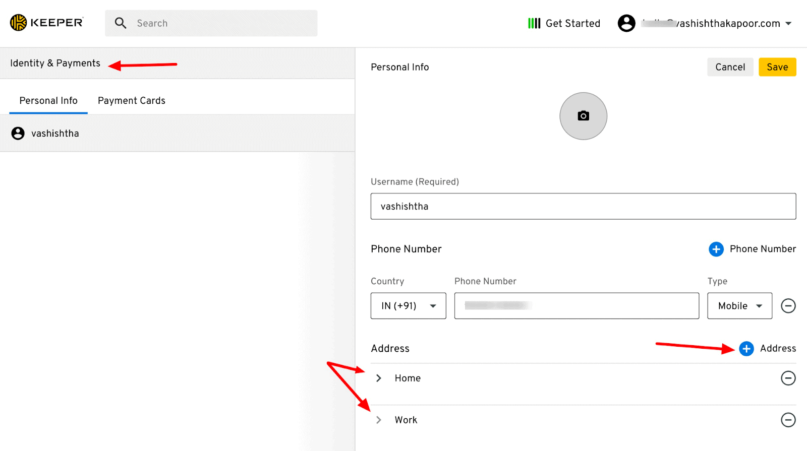 multiple address in identity settings Keeper Security