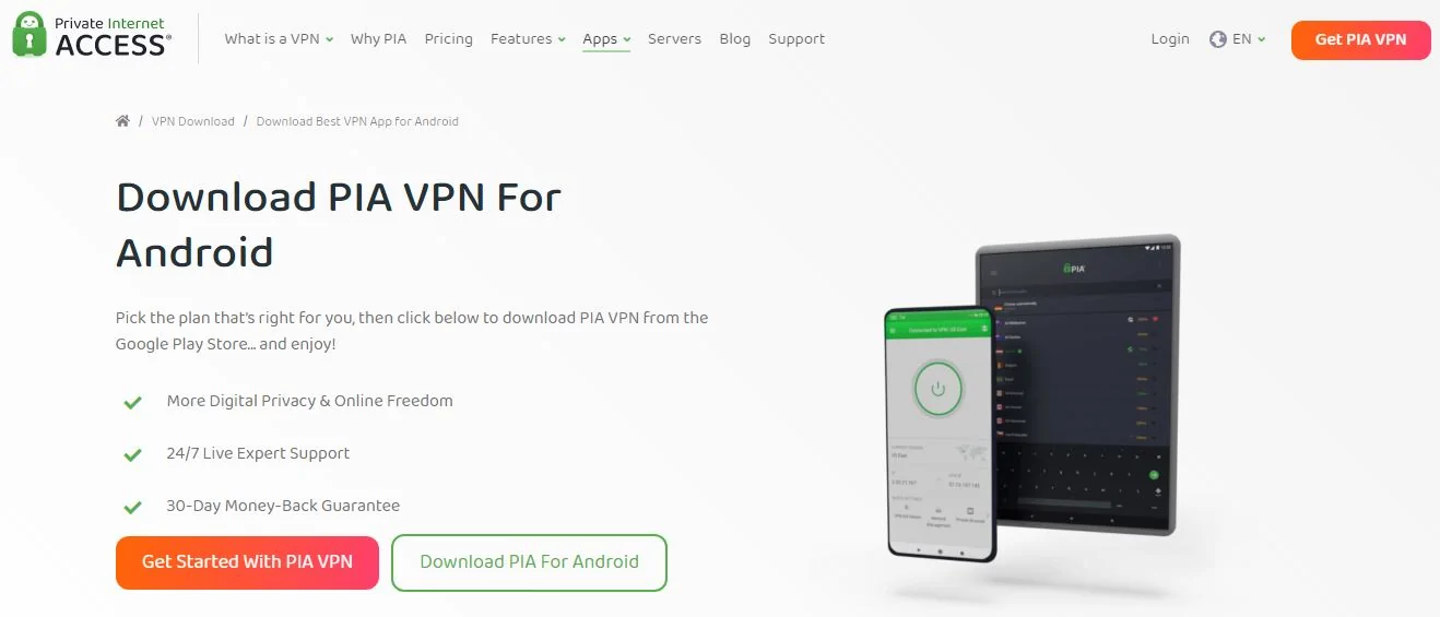 PIA VPN app on Android — Private Internet Access mobile interface for privacy on the go