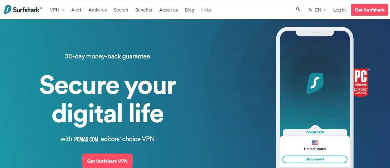 Surfshark VPN homepage showing privacy features and pricing